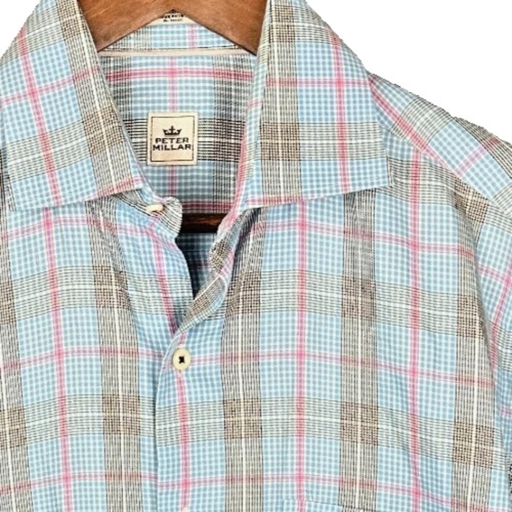 Peter Millar Shirt Mens Medium Blue Pink Plaid Long Sleeve Button Up Cotton